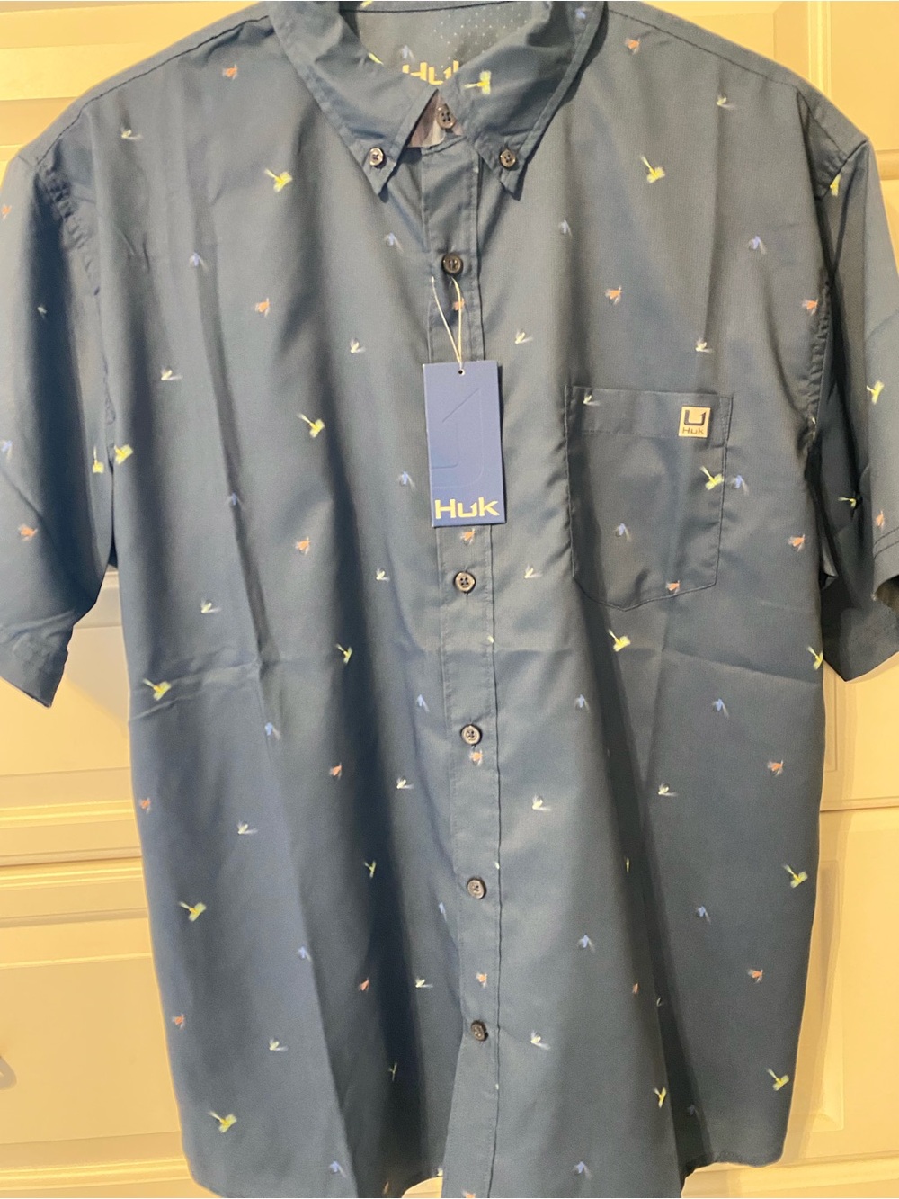 Huk Navy Short-Sleeve Button-Down Shirt with Multicolor Micro Motifs